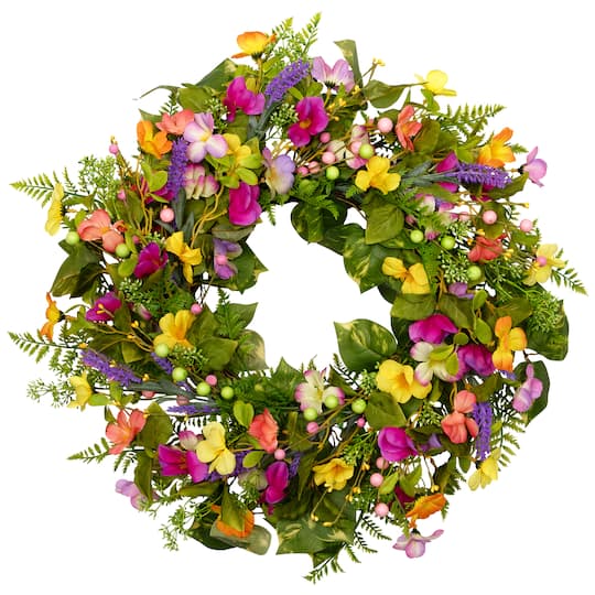 22" Yellow & Pink Mixed Floral Artificial Spring Wreath